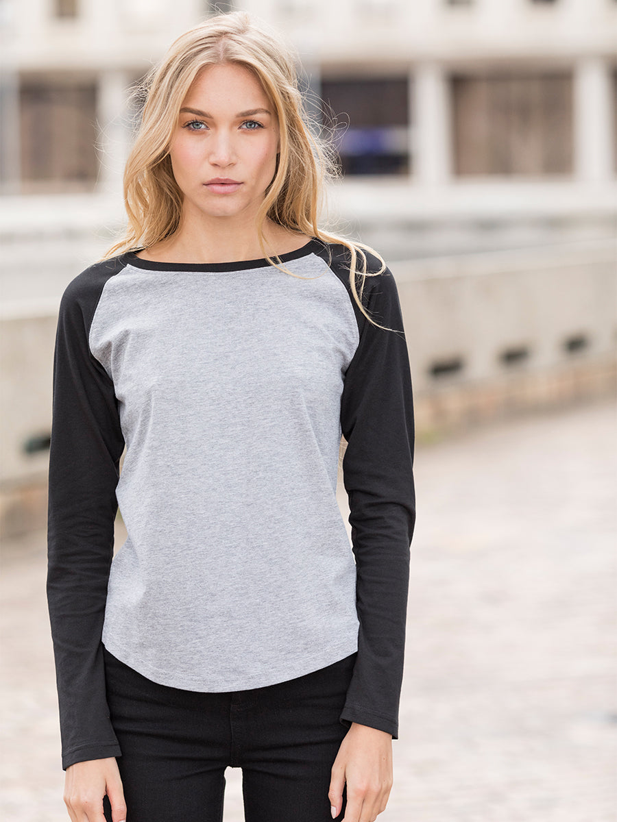 Heather Grey & Black Ladies Long Sleeve Baseball T-Shirt