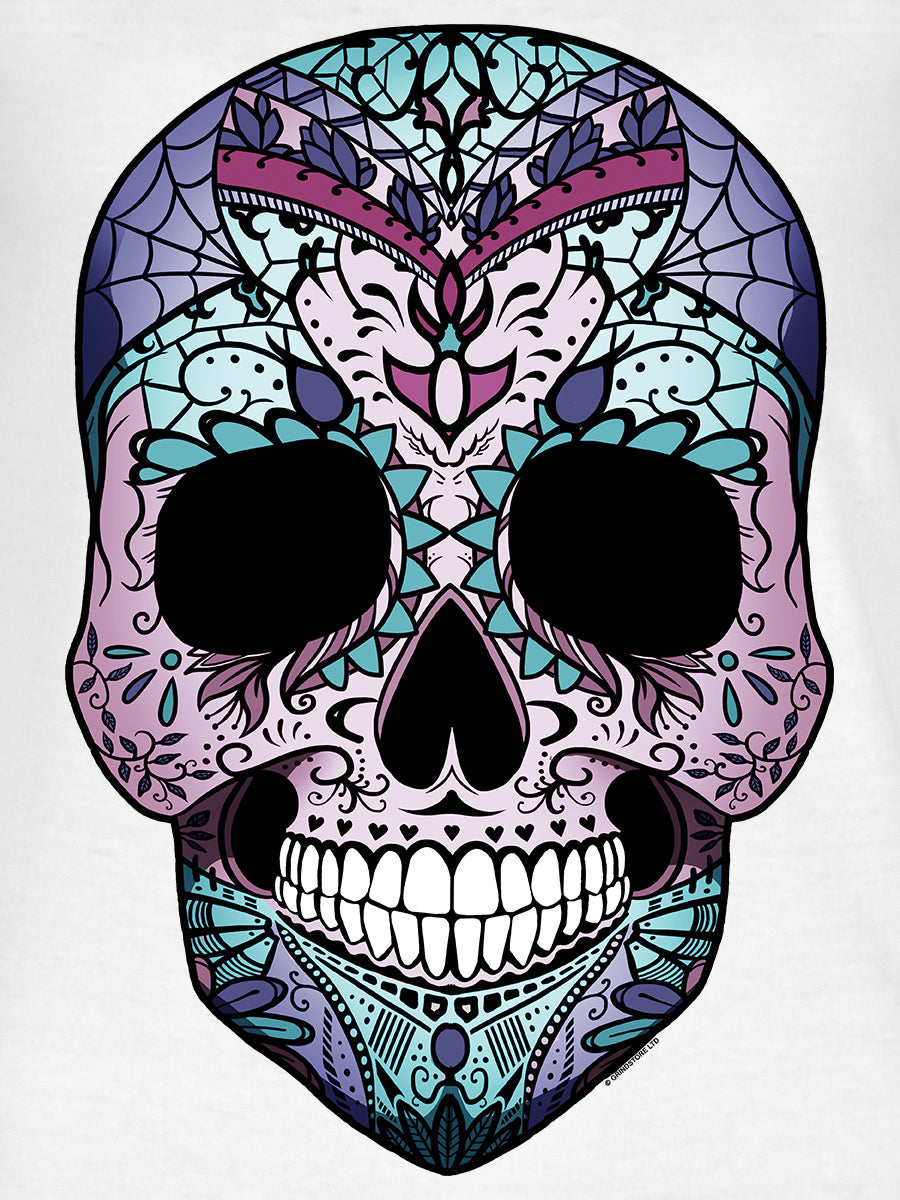 Amaranthine Sugar Skull Ladies White Razor Back T-Shirt