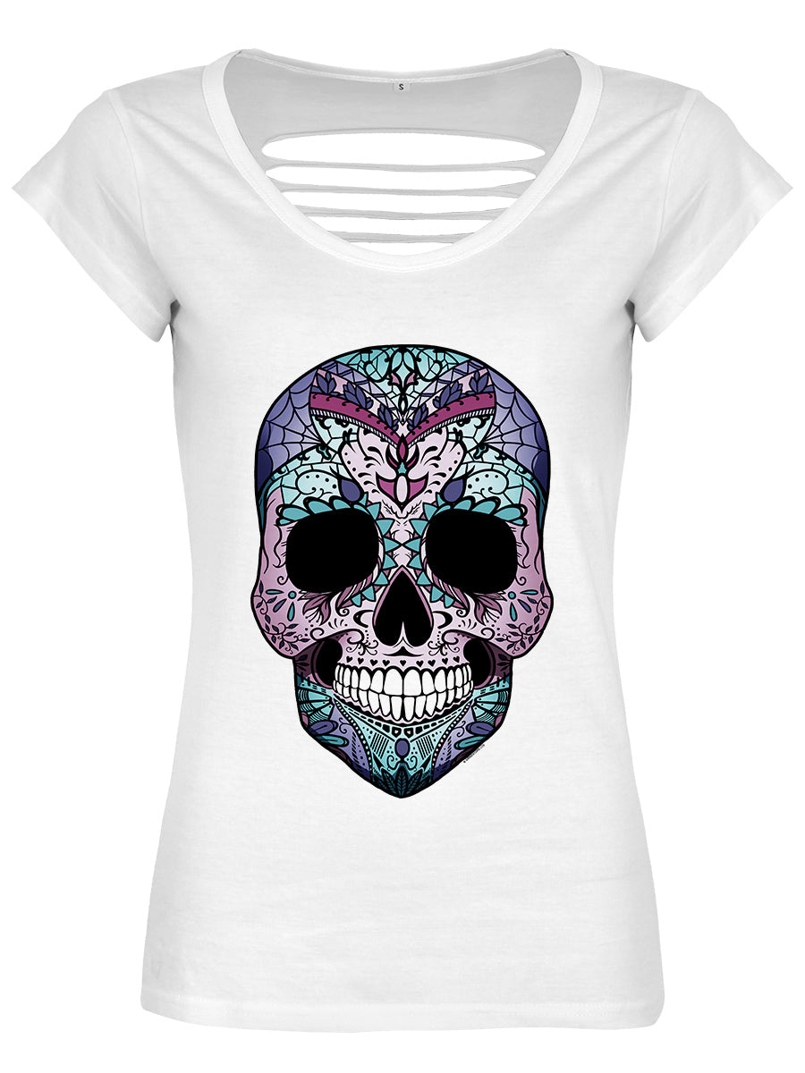 Amaranthine Sugar Skull Ladies White Razor Back T-Shirt