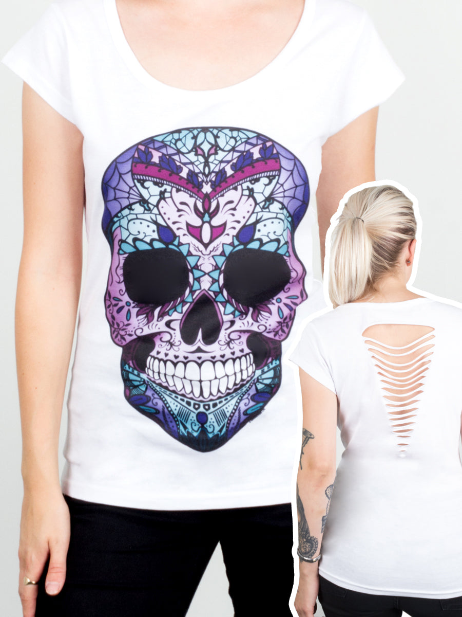 Amaranthine Sugar Skull Ladies White Razor Back T-Shirt