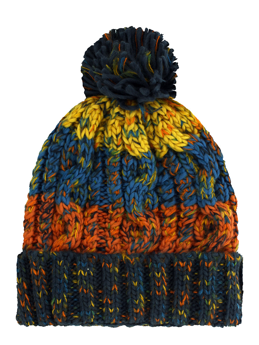 Retro Blue Corkscrew Pom Pom Beanie