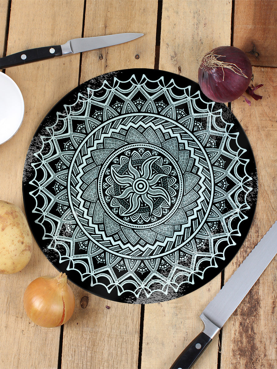 Monochrome Mandala Circular Glass Chopping Board