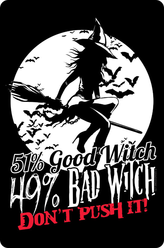 51% Good, 49% Bad Witch Greet Tin Card