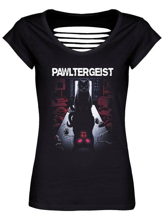 Horror Cats Pawltergeist Ladies Black Razor Back T-Shirt
