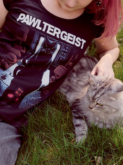Horror Cats Pawltergeist Ladies Black Razor Back T-Shirt