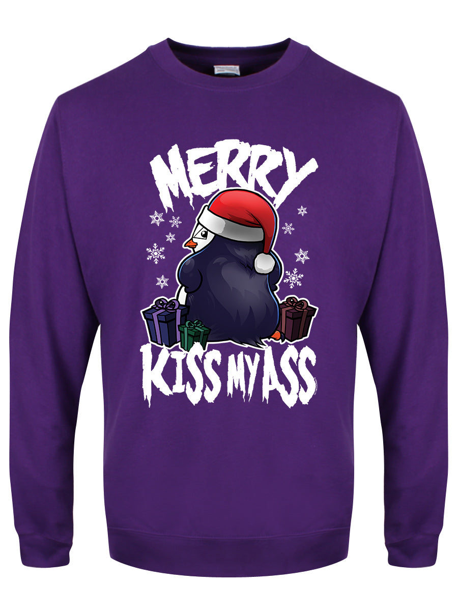 Psycho Penguin Merry Kiss My Ass Purple Christmas Jumper