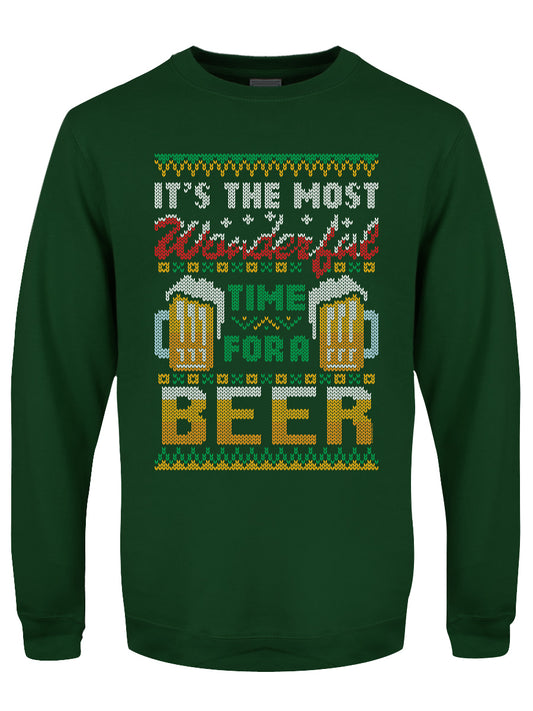 It's The Most Wonderful Time For A Beer Men's Bottle Green Christmas Jumper