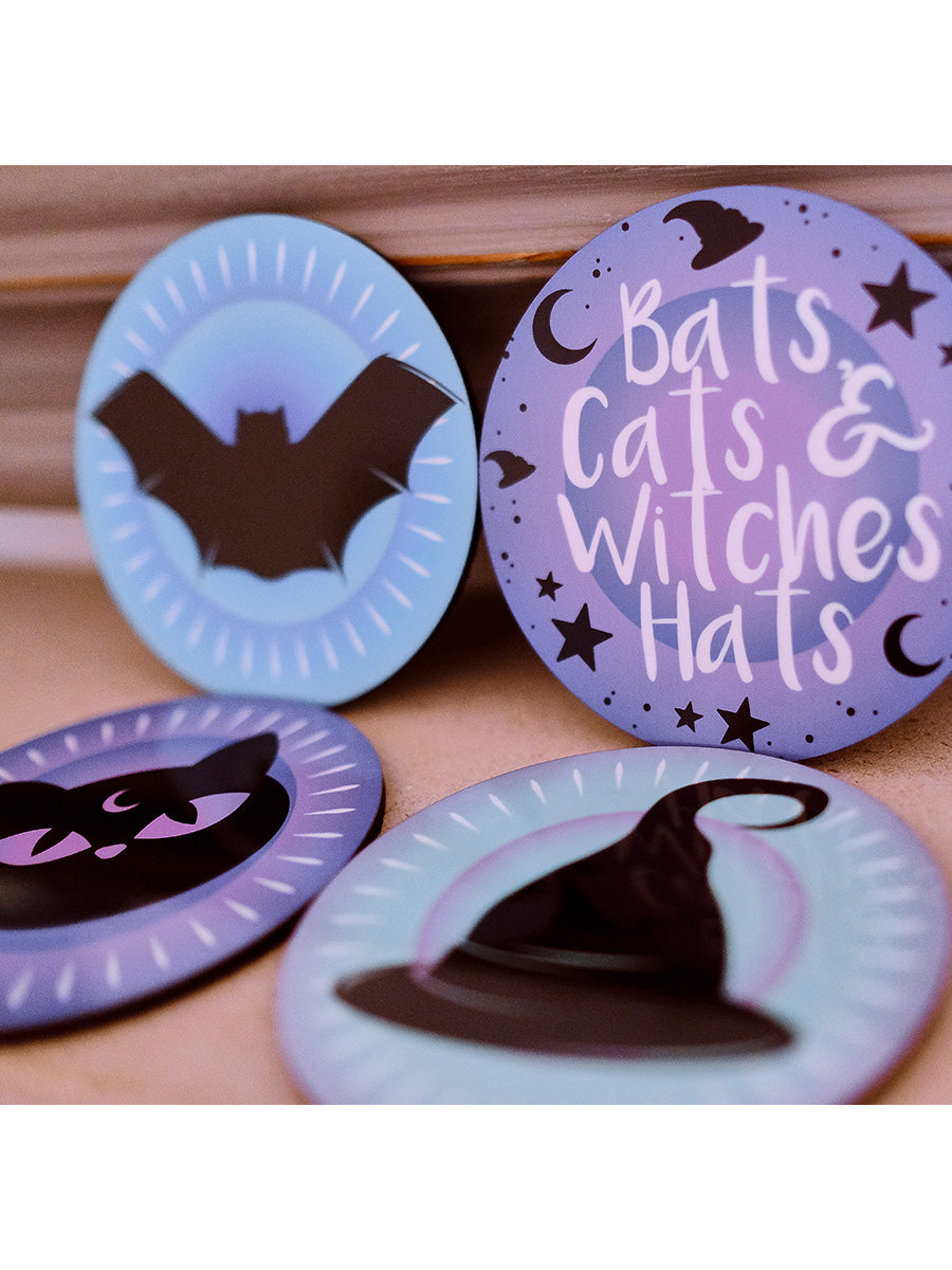 Bats, Cats & Witches Hats Pastel Goth 4 Piece Coaster Set