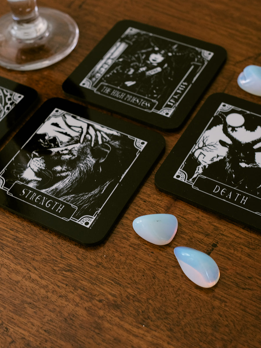 Deadly Tarot Death, The Devil, Strength & The High Priestess 4 Piece Coaster Set