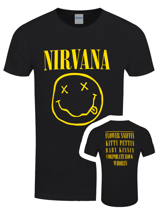 Nirvana Yellow Happy Face Flower Sniffin' Men's Black T-Shirt