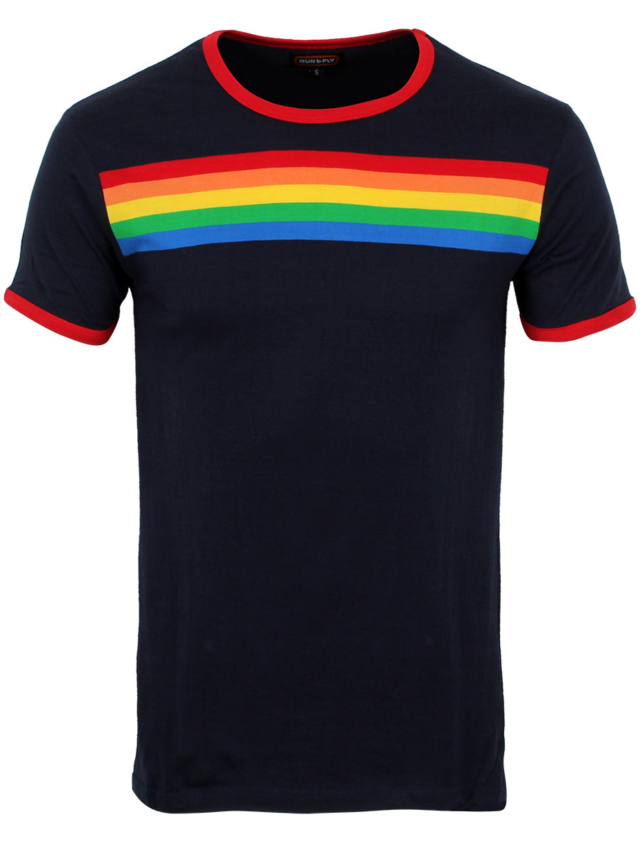 Run Fly Navy Ringer Retro Rainbow Striped Unisex T-Shirt
