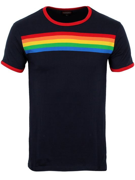 Run & Fly Navy Ringer Retro Rainbow Striped Unisex T-Shirt