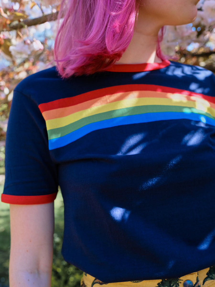 Run & Fly Navy Ringer Retro Rainbow Striped Unisex T-Shirt