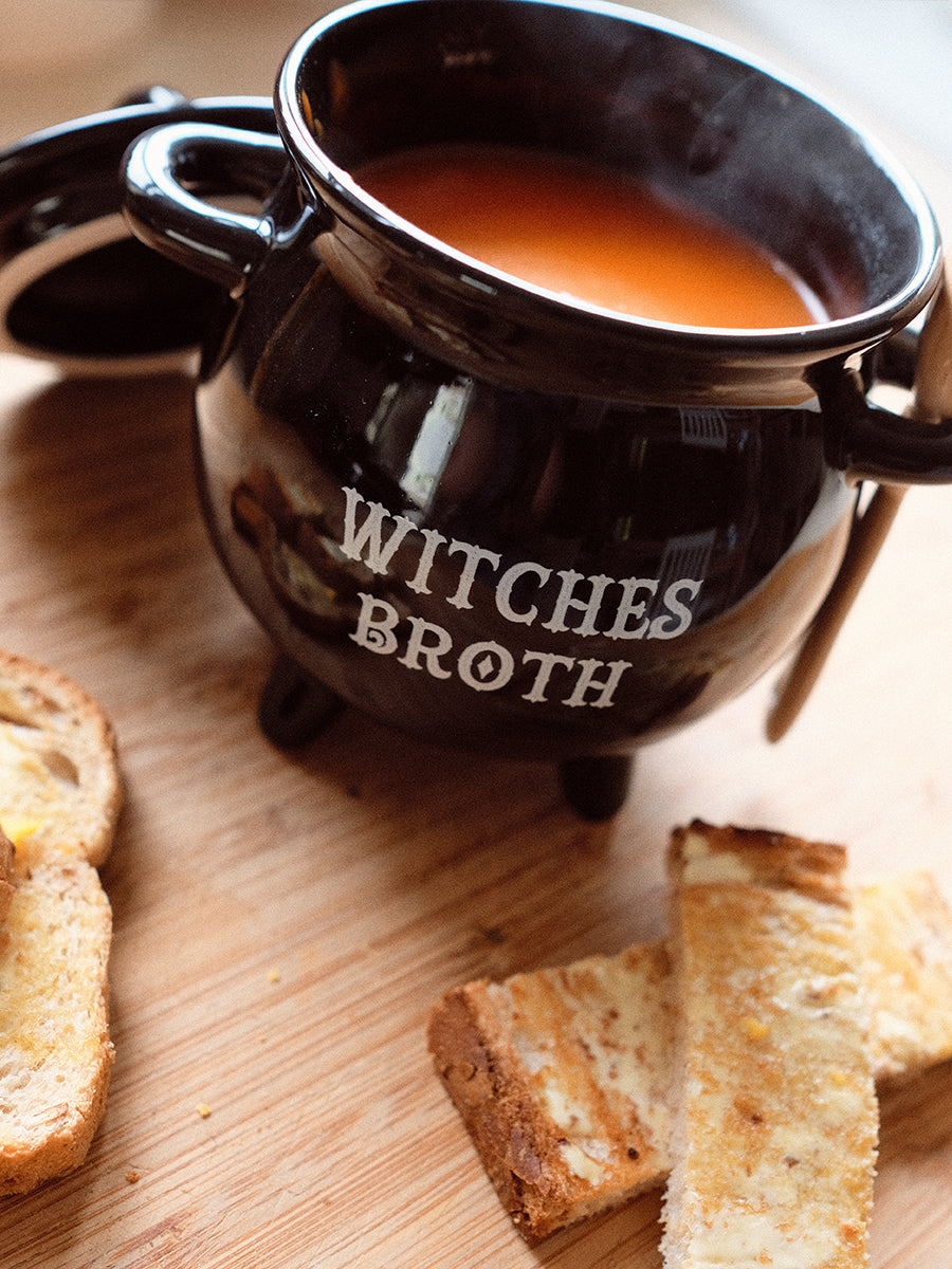 Witches Broth Cauldron Soup Bowl With Broom Spoon