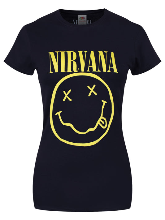 Nirvana Yellow Happy Face Ladies Navy Blue T-Shirt