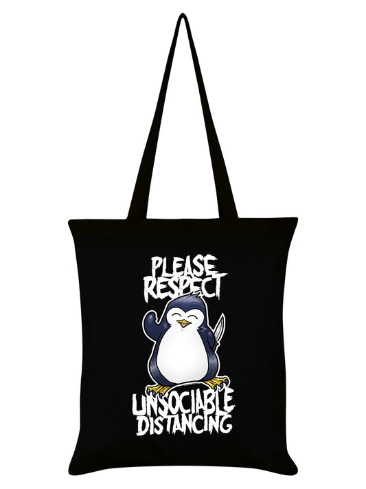 Psycho Penguin Please Respect Unsociable Distancing Black Tote Bag