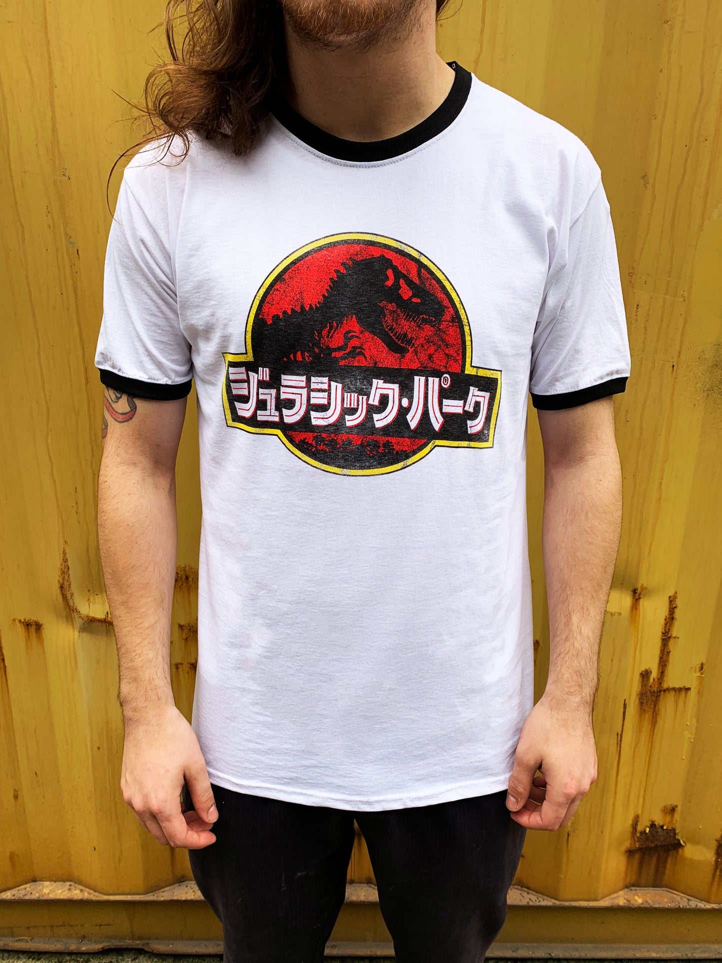 Jurassic Park Japanese Logo Men's White Ringer T-Shirt