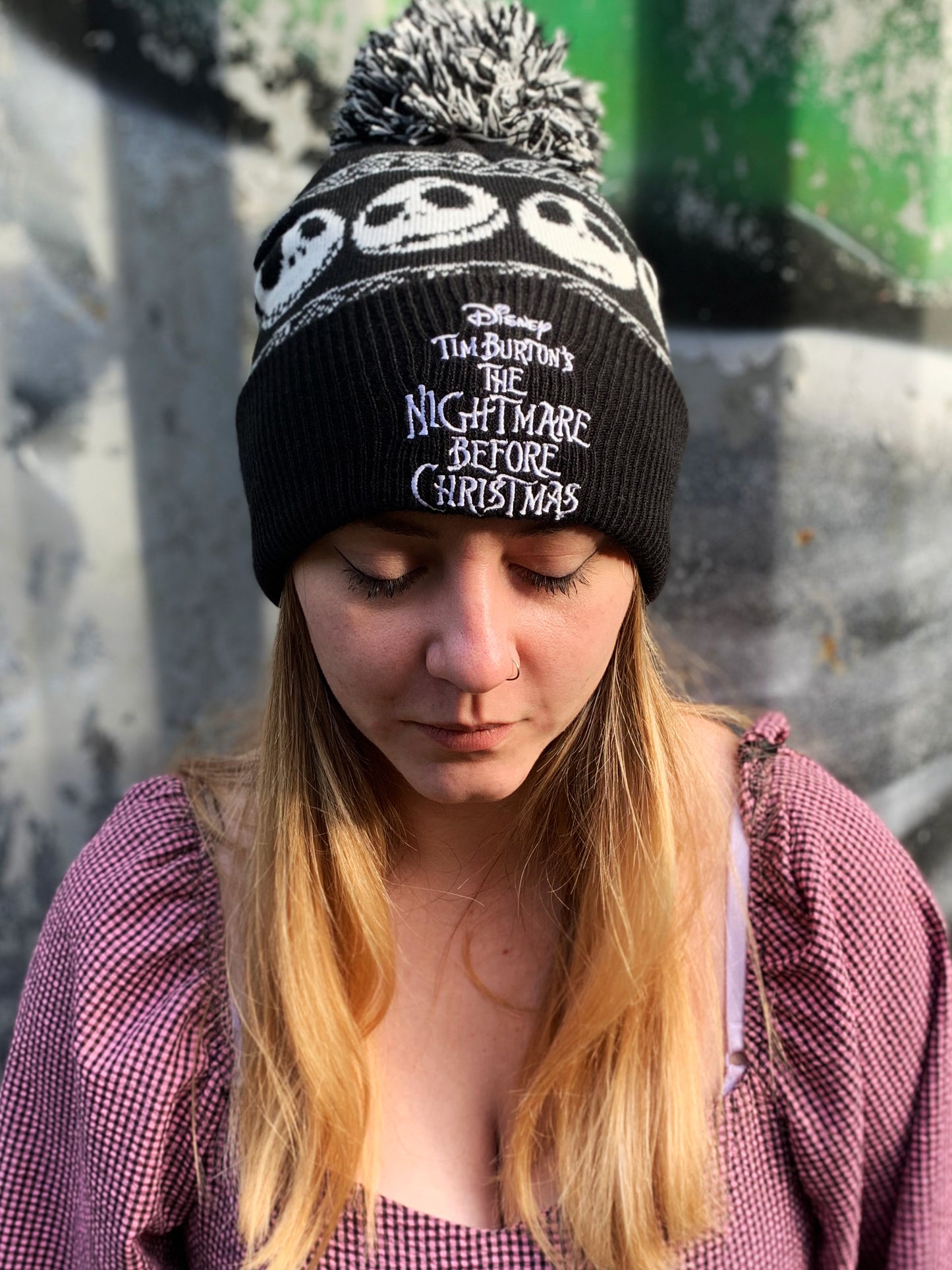 Nightmare Before Christmas Snow Black Pom Beanie