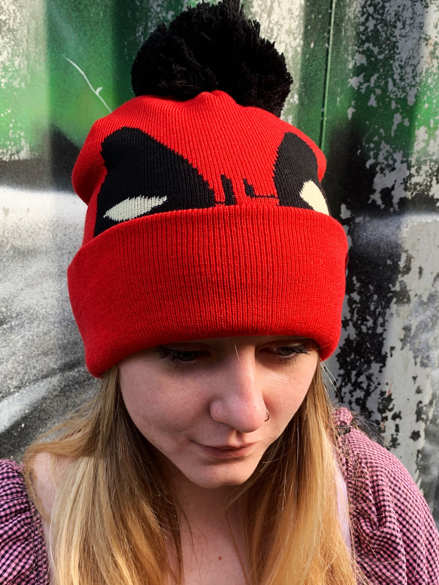 Marvel Deadpool Face Red Pom Beanie