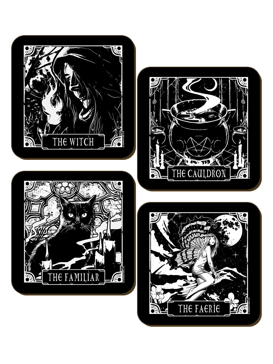 Deadly Tarot The Witch, The Cauldron, The Familiar & The Faerie 4 Piece Coaster Set