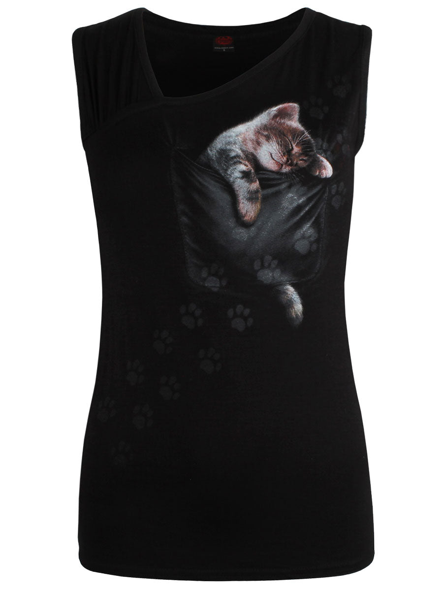 Spiral Pocket Kitten Gathered Shoulder Slant Vest