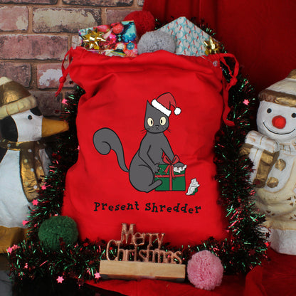 Spooky Cat Present Shredder Red Santa Sack