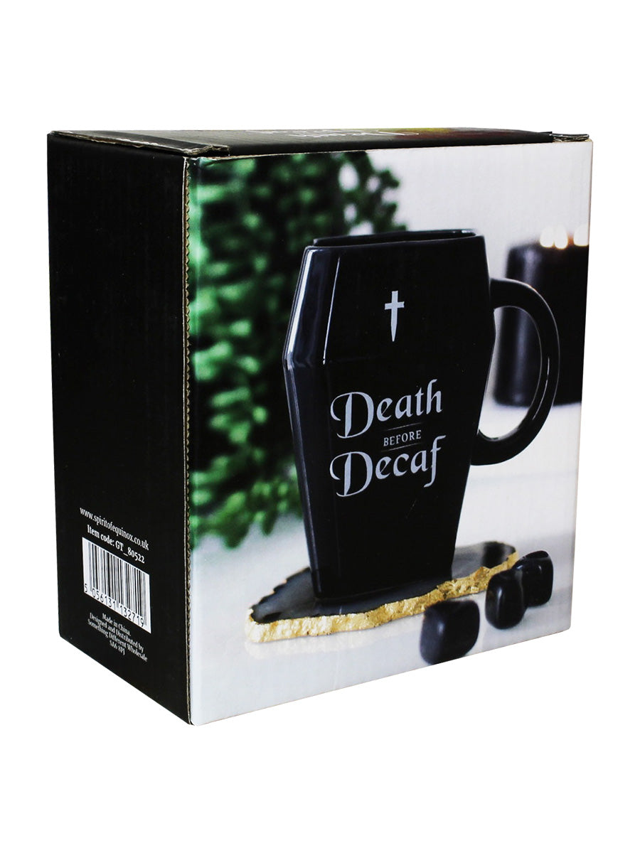 Death Before Decaf Coffin Mug