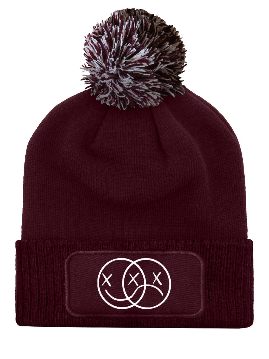Happy Face Sad Face Burgundy Bobble Beanie