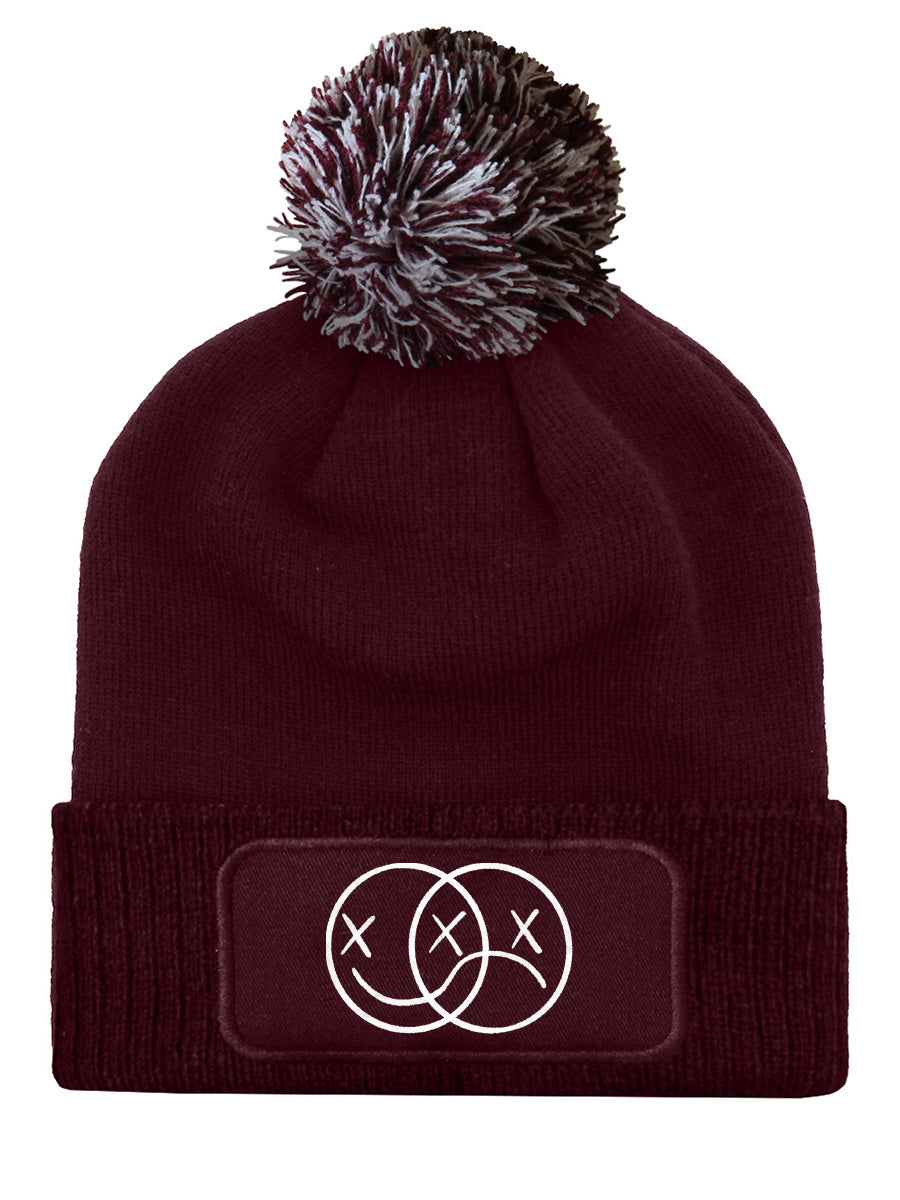 Happy Face Sad Face Burgundy Bobble Beanie