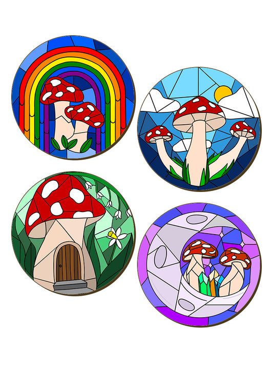 Mushroom Stained Glass 4 Piece Coaster Set