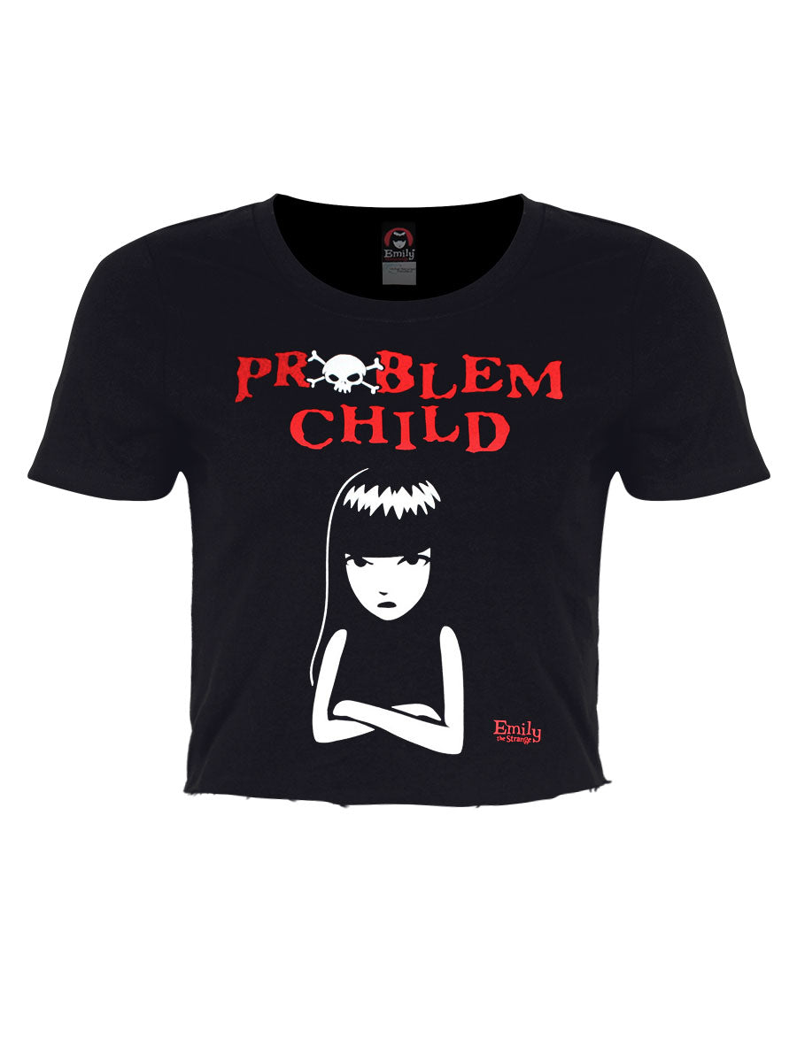 Emily The Strange Problem Child Ladies Black Cropped Raw Hem T-Shirt