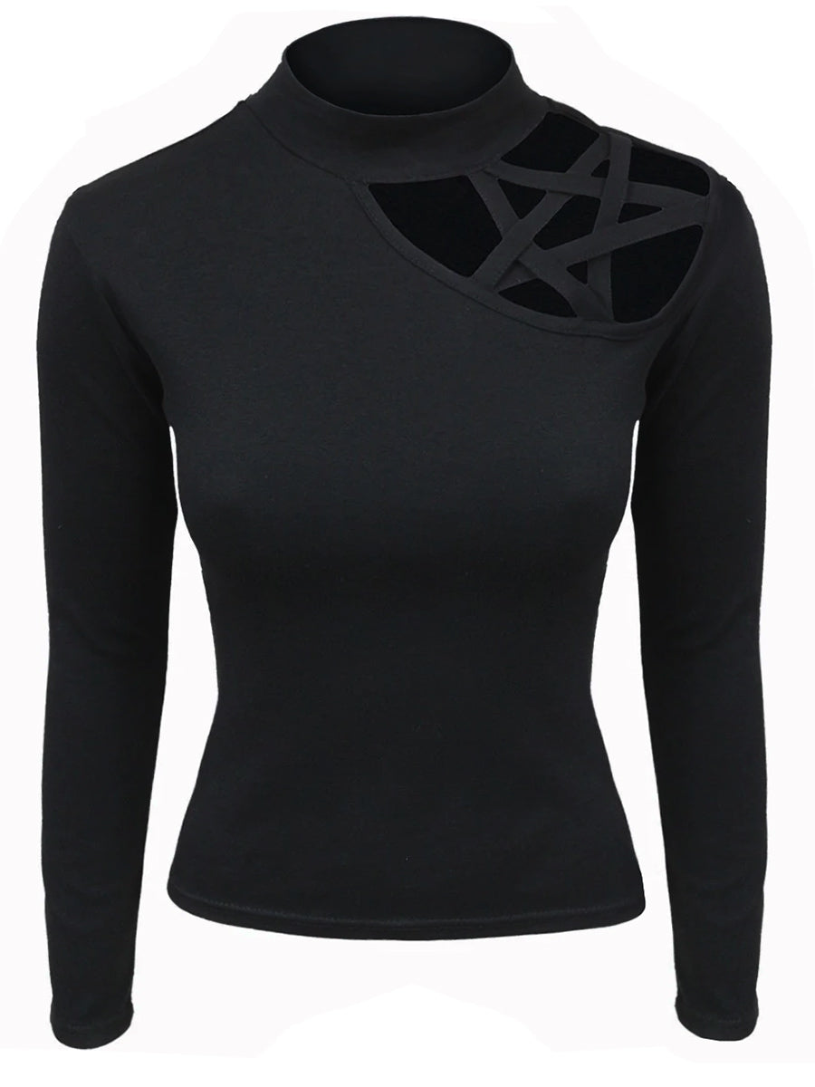 Spiral Gothic Elegance Pentagram Shoulder Black Top
