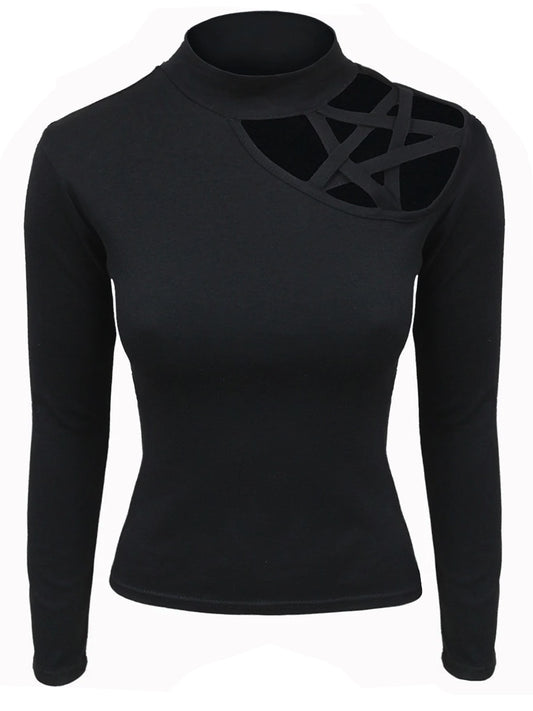Spiral Gothic Elegance Pentagram Shoulder Black Top