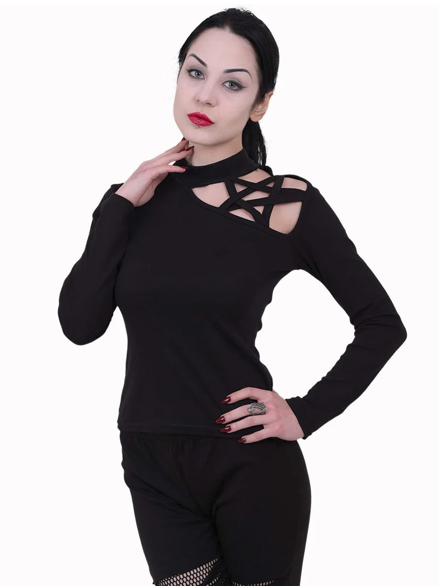 Spiral Gothic Elegance Pentagram Shoulder Black Top