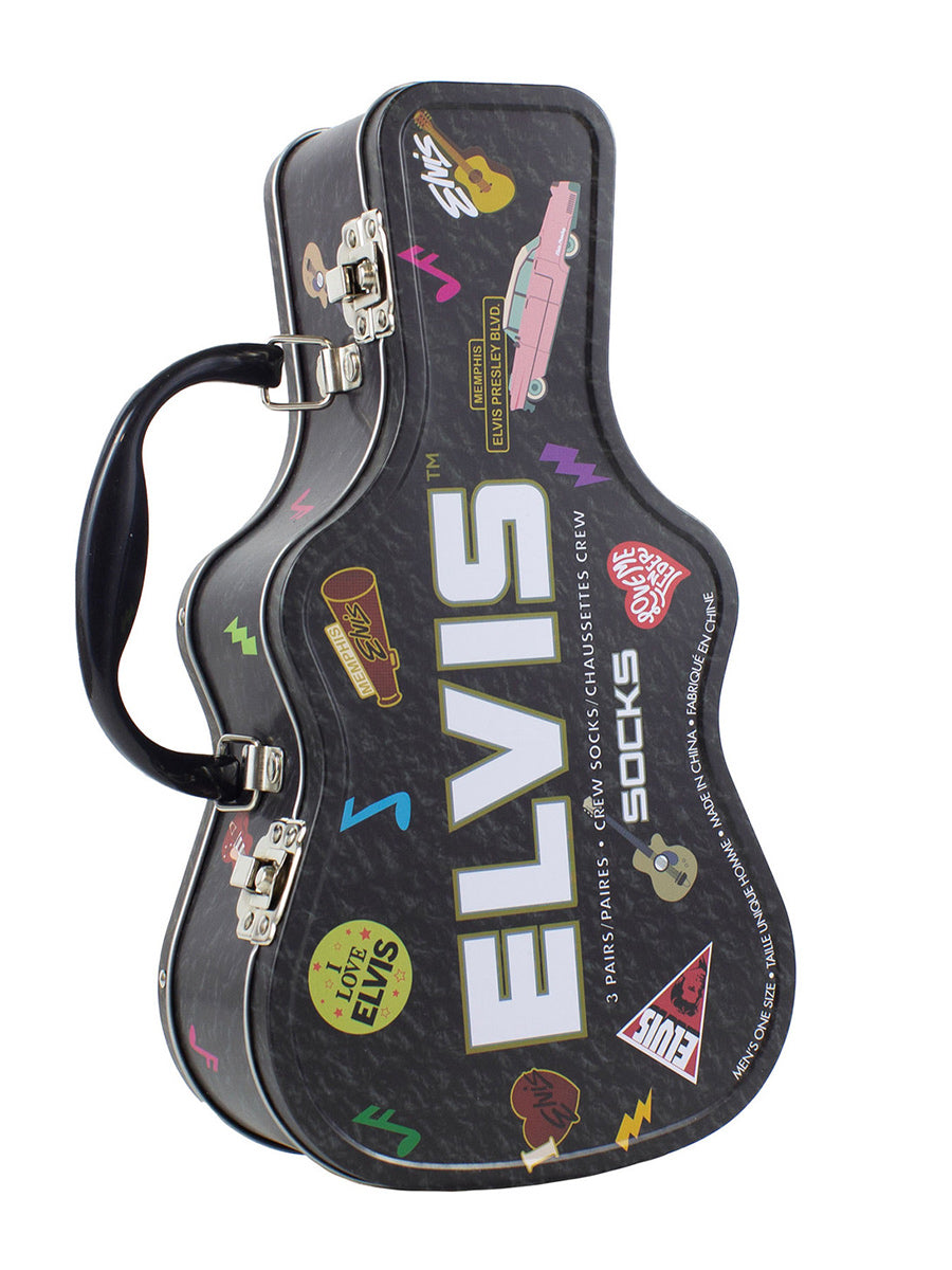 Elvis Presley Logos Socks with Guitar Shaped Gift Tin - 3 Pairs (UK Size 6.5 - 11)