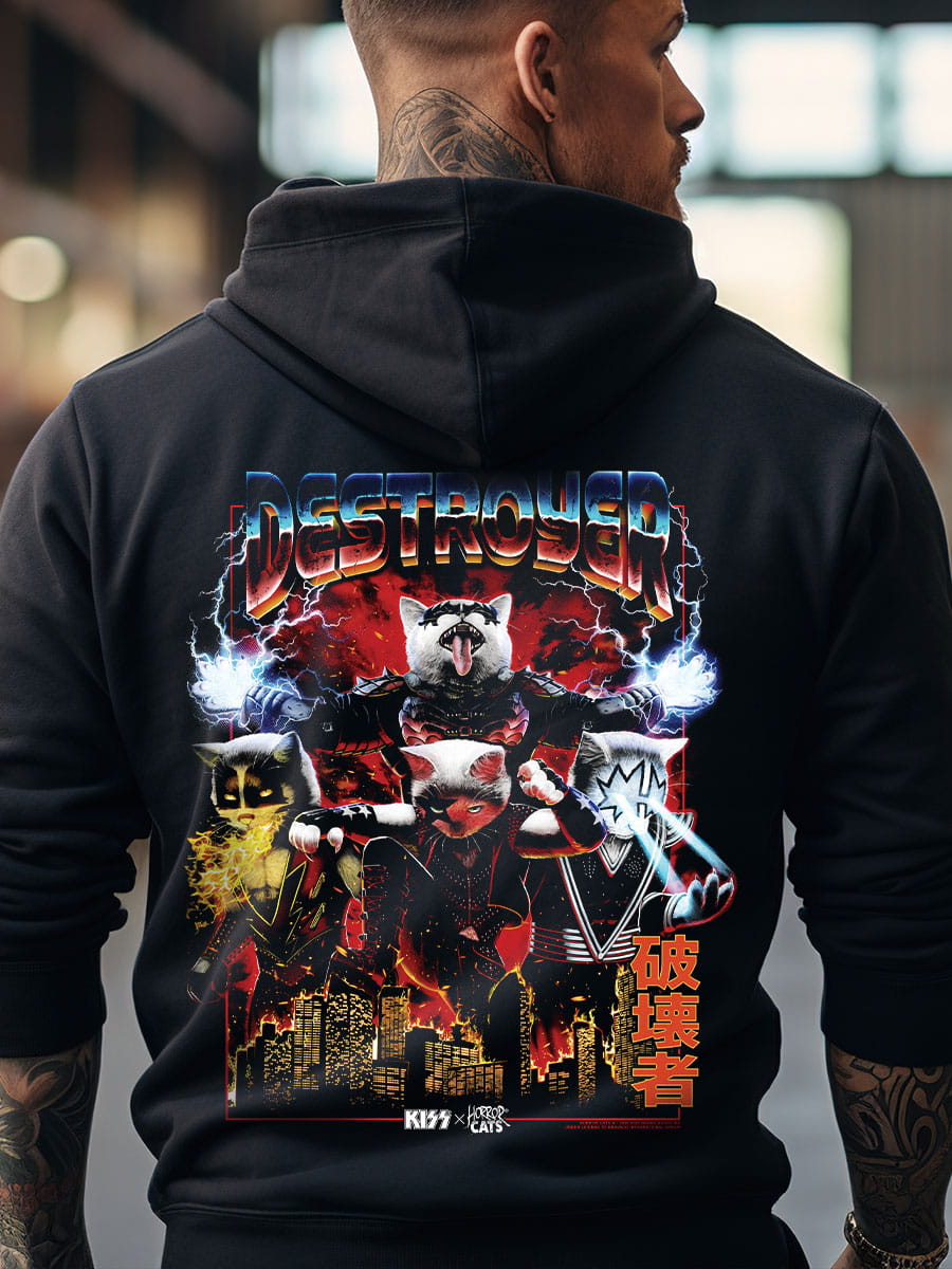 KISS x Horror Cats Destroyer Black Zipped Premium Hoodie