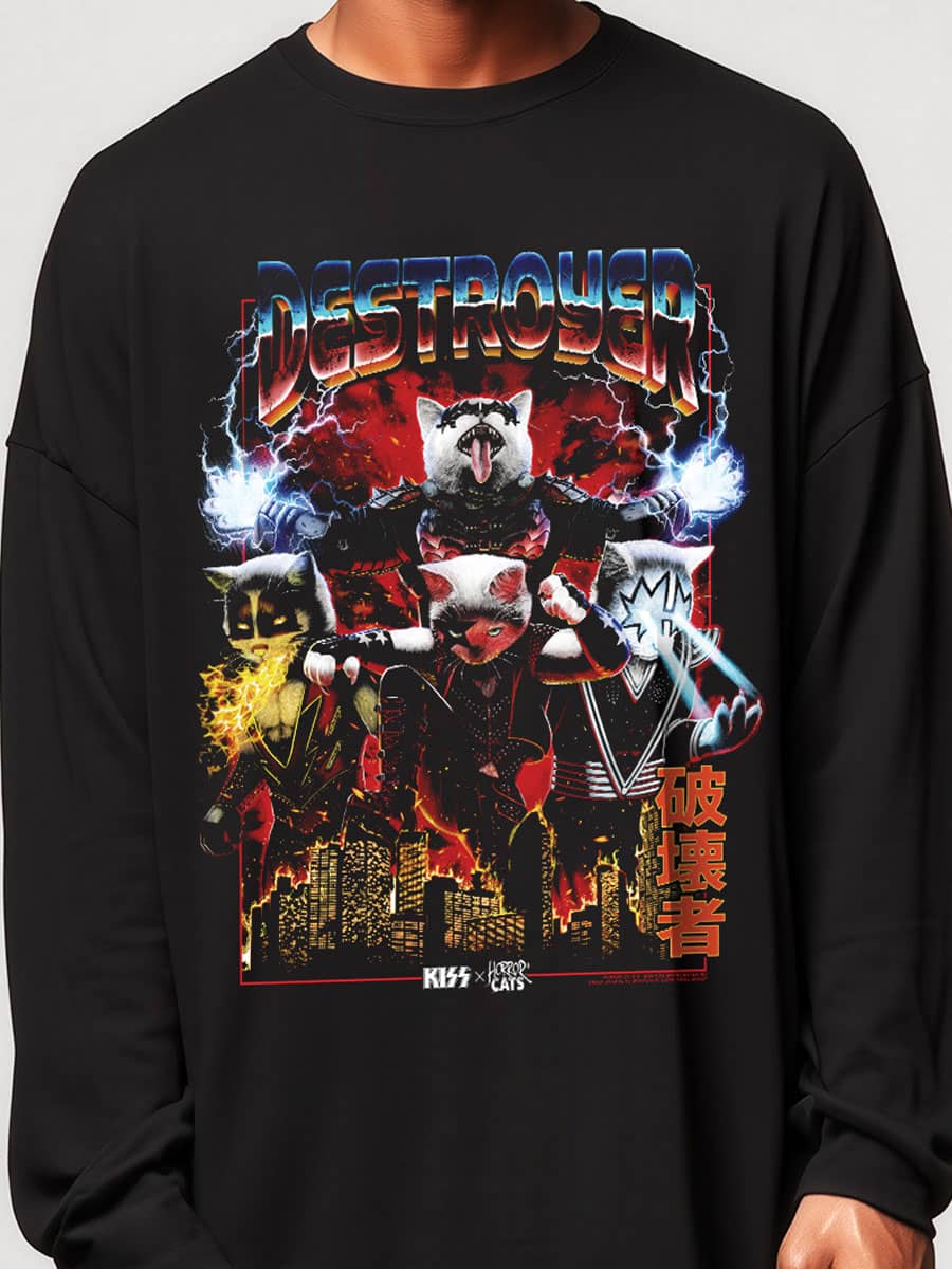 KISS x Horror Cats Destroyer Black Long Sleeve T-Shirt