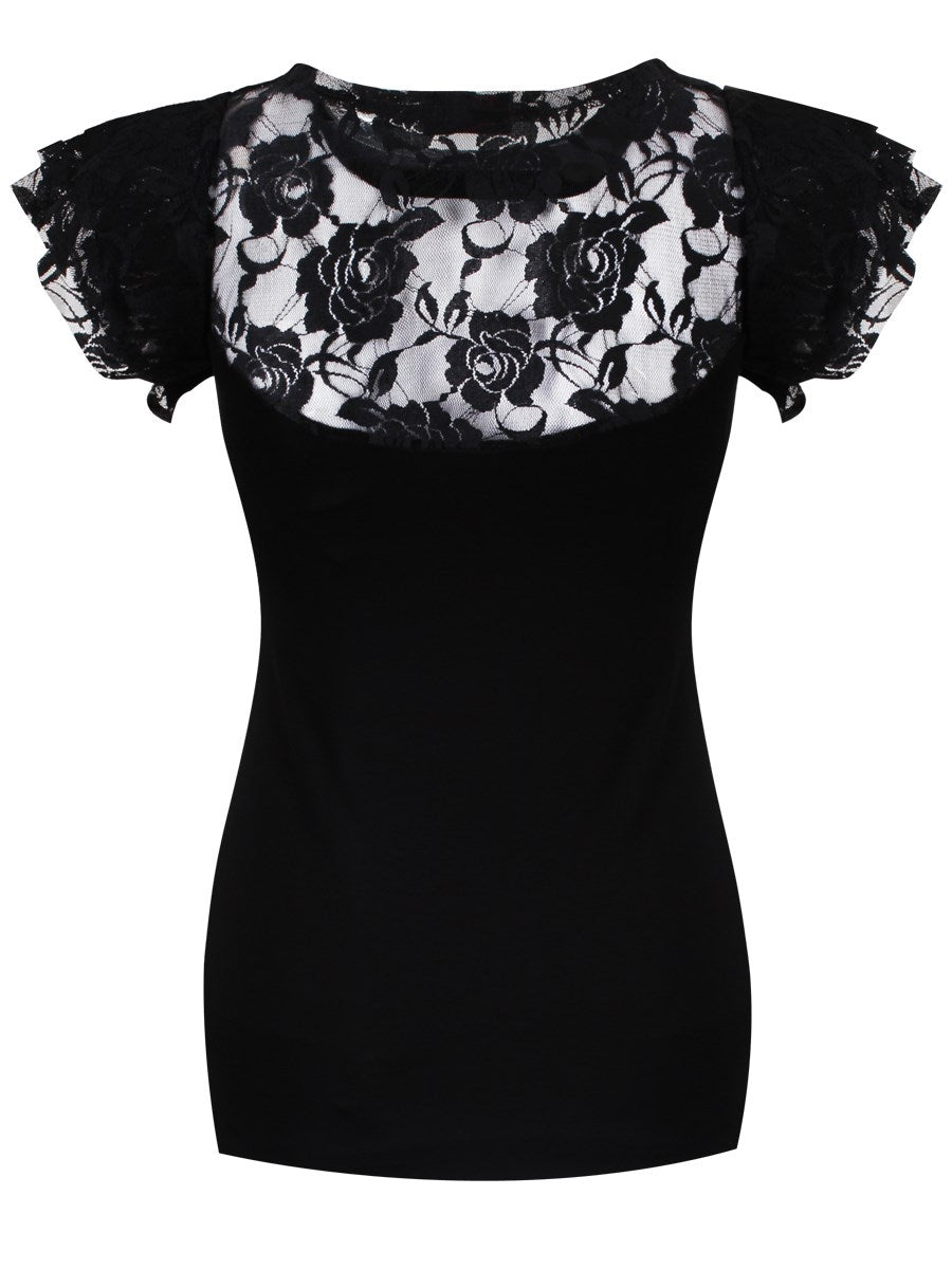 Spiral Gothic Elegance Lace Layered Cap Sleeve Black Top