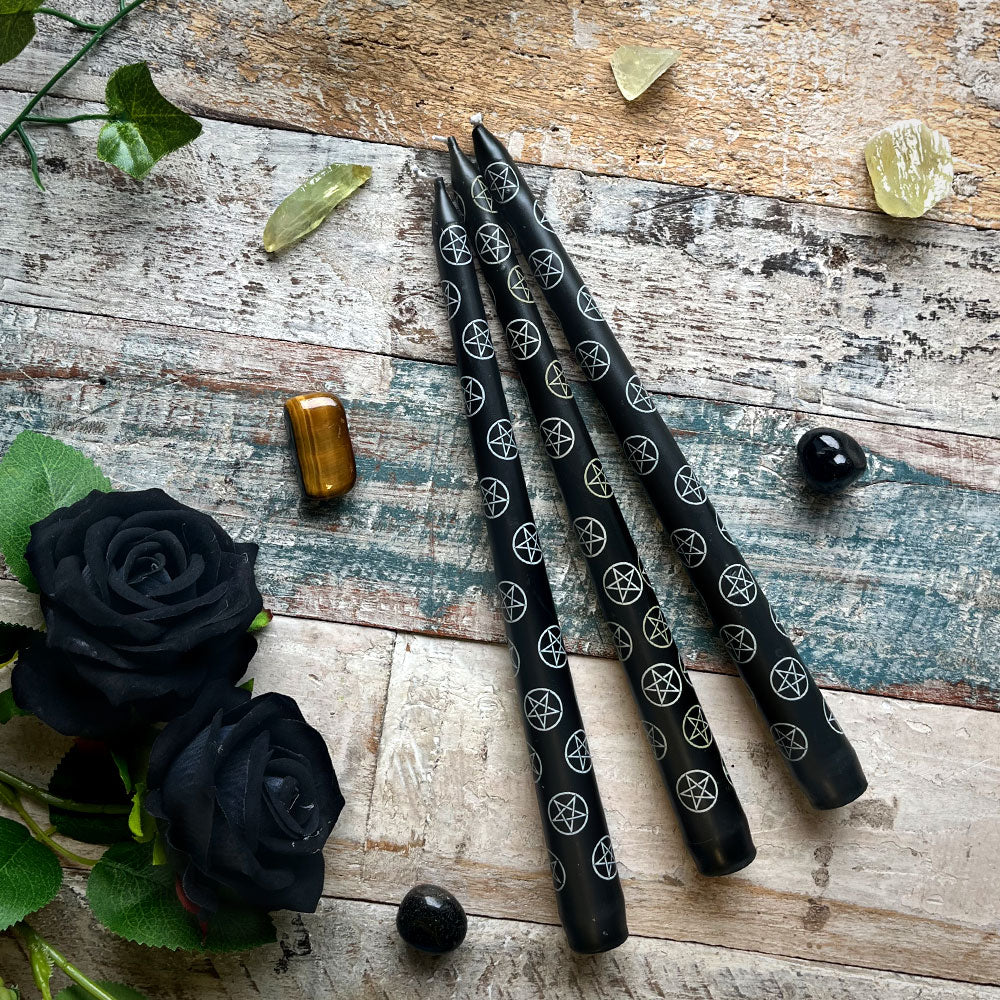 Set of 3 Black Magic Pentagram Taper Candles
