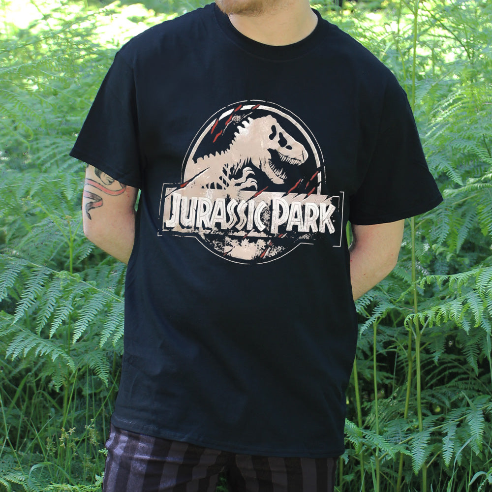 Jurassic Park Scratched Logo Men's Black Acid Wash T-Shirt