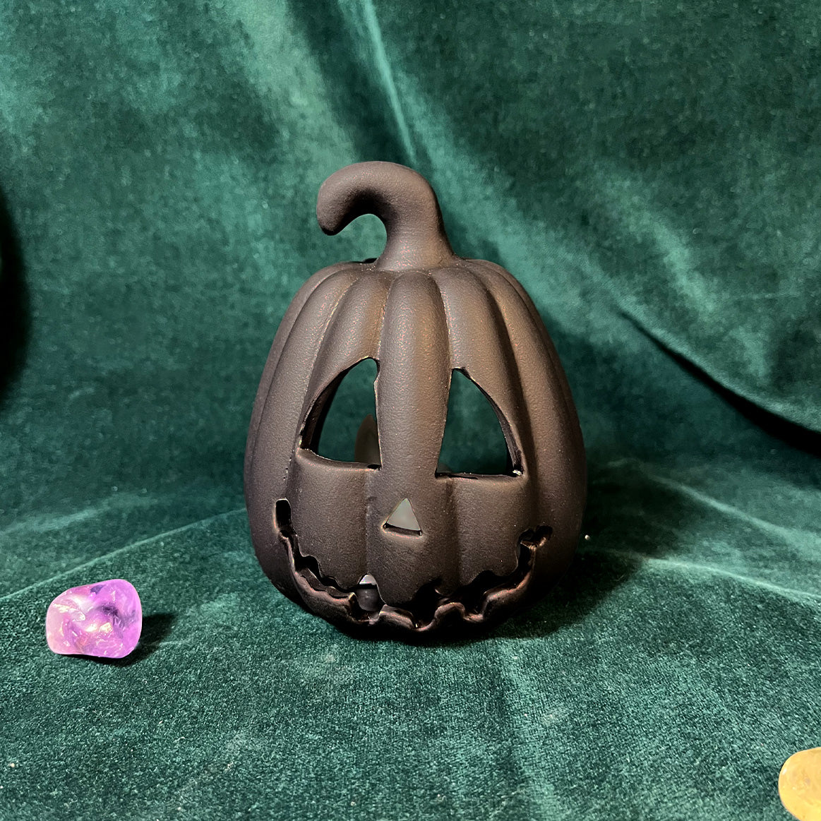 Black Carved Pumpkin Lantern With LED Tealight