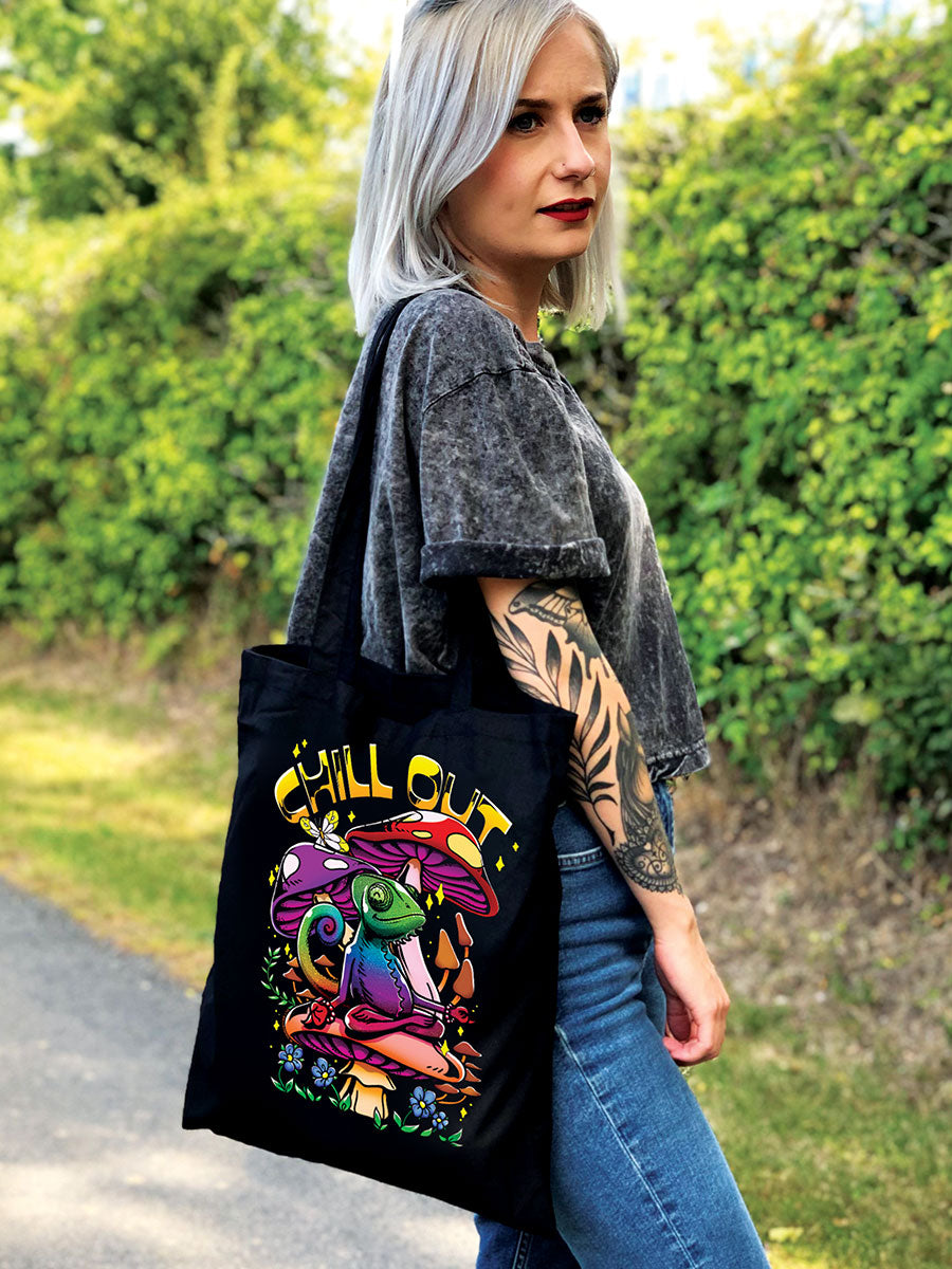 Chill Out Chameleon Black Tote Bag