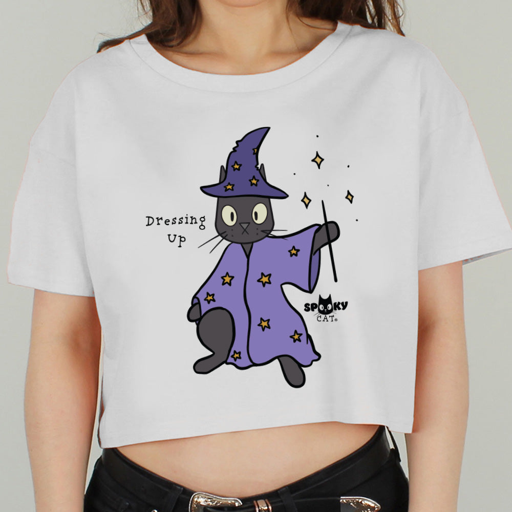 Spooky Cat Dressing Up White Boxy Crop Top