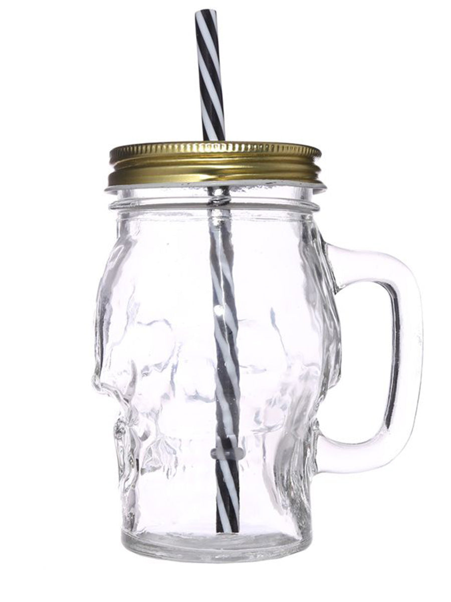 Glass Skull Drinking Jar with Metal Lid & Stripy Straw