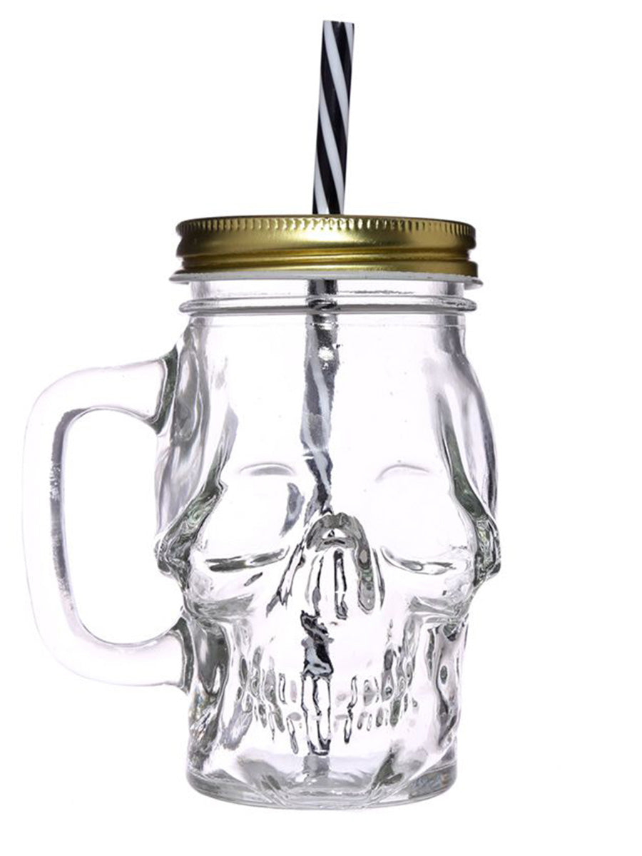 Glass Skull Drinking Jar with Metal Lid & Stripy Straw