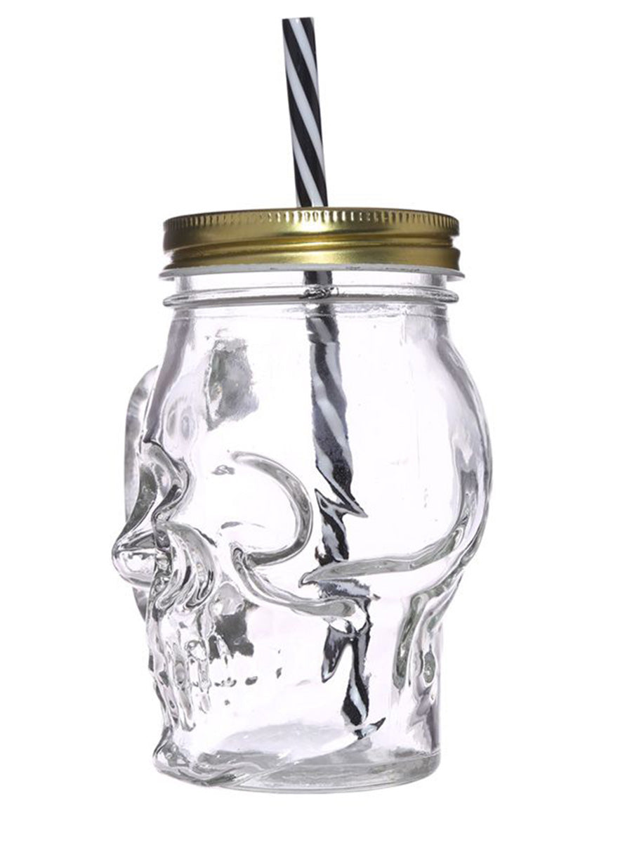 Glass Skull Drinking Jar with Metal Lid & Stripy Straw