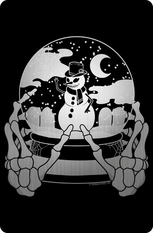Skeleton Snowman Snow Globe Mirrored Greet Tin Card
