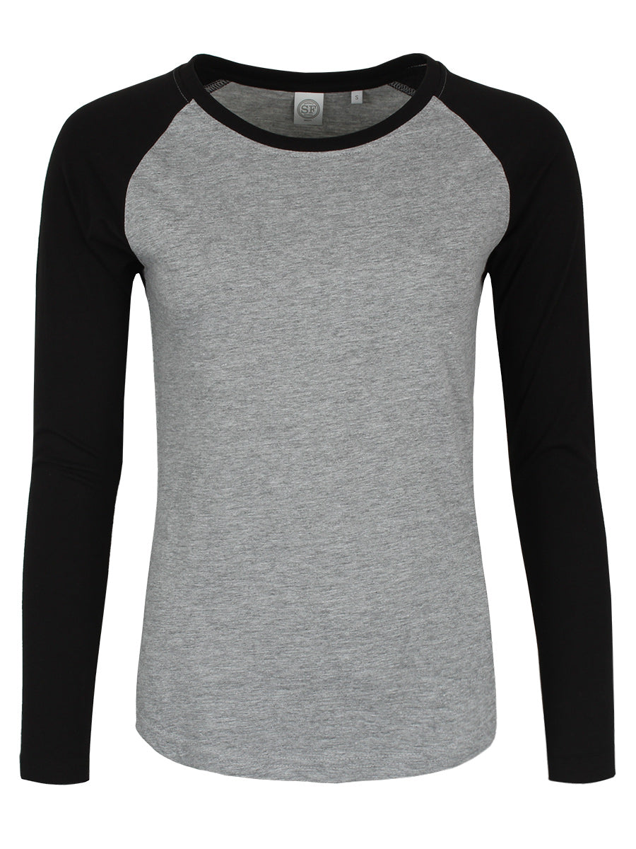 Heather Grey & Black Ladies Long Sleeve Baseball T-Shirt