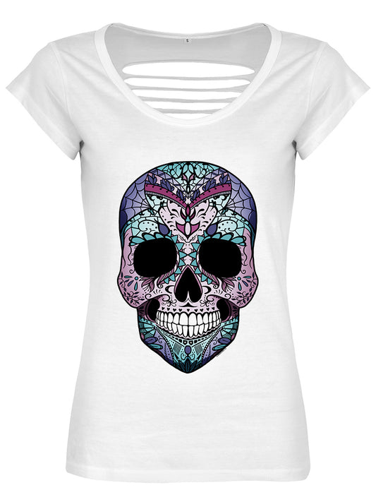 Amaranthine Sugar Skull Ladies White Razor Back T-Shirt