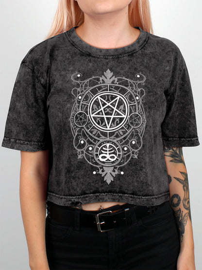 Aureate Pentagram Ladies Grey Acid Wash Oversized Cropped T-Shirt
